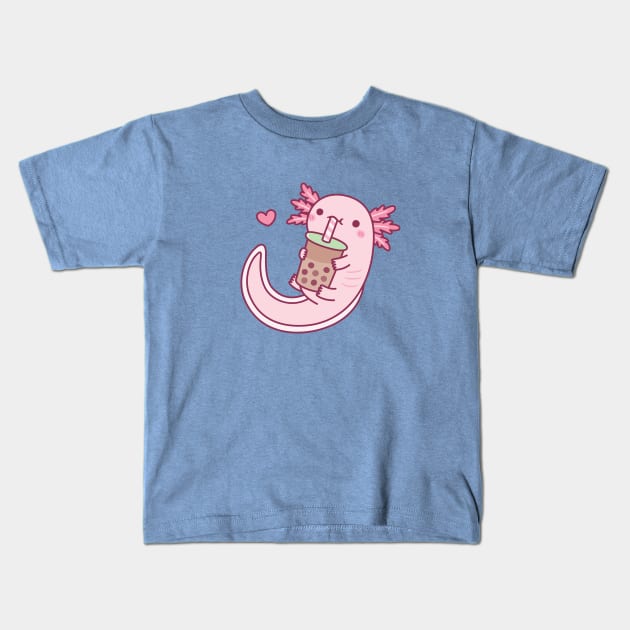 Cute Axolotl Loves Bubble Tea Kids T-Shirt by rustydoodle